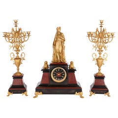 Antique Egyptian Revival Style Marble and Gilt Bronze Clock Set