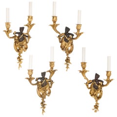 Vintage Set of Four Rococo Style Patinated and Gilt Bronze Sconces