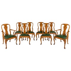 Set of Eight Queen Anne Style Walnut and Figured Elm Vase Splat Dining Chairs