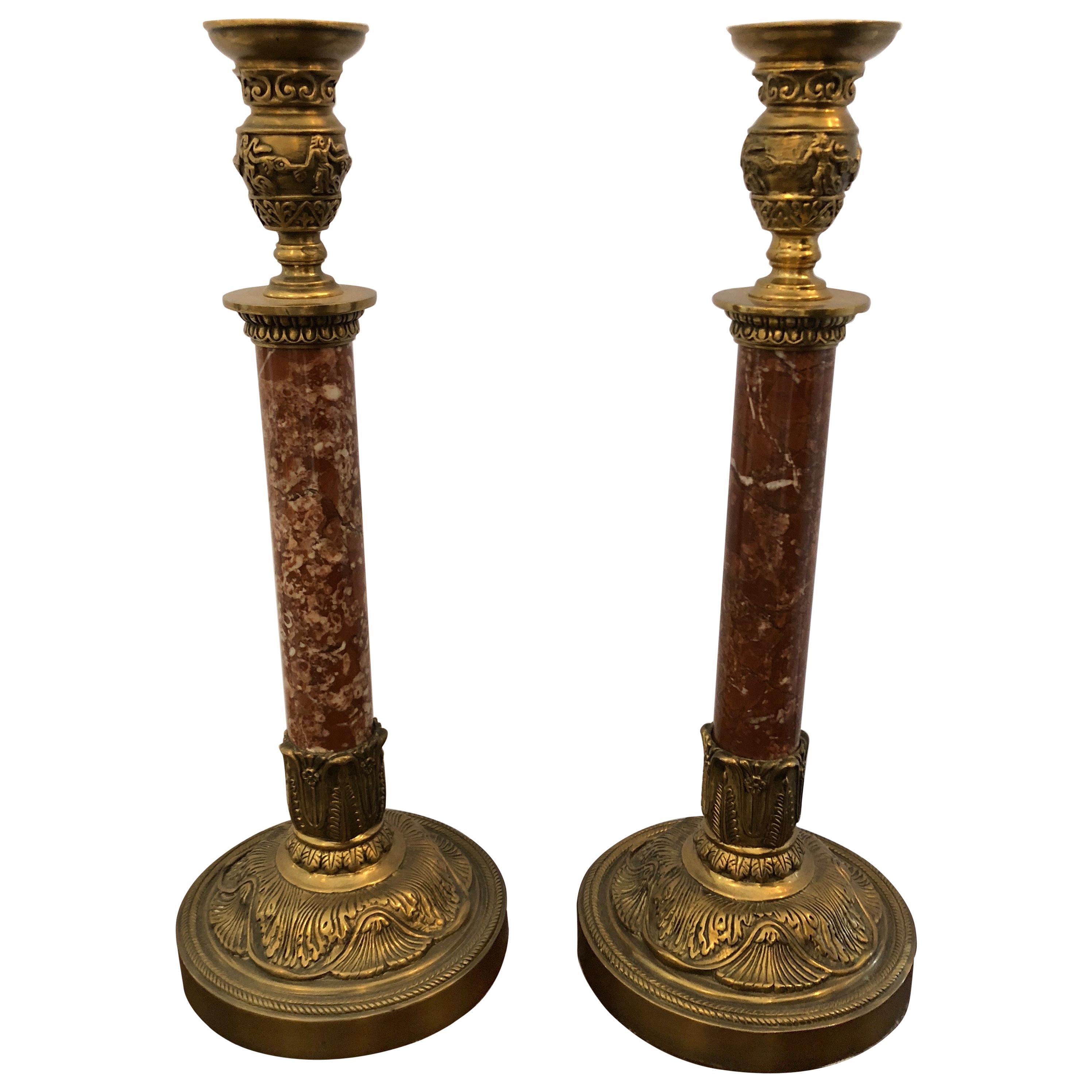 Set of Beautiful Rouge Marble and Brass Candlesticks