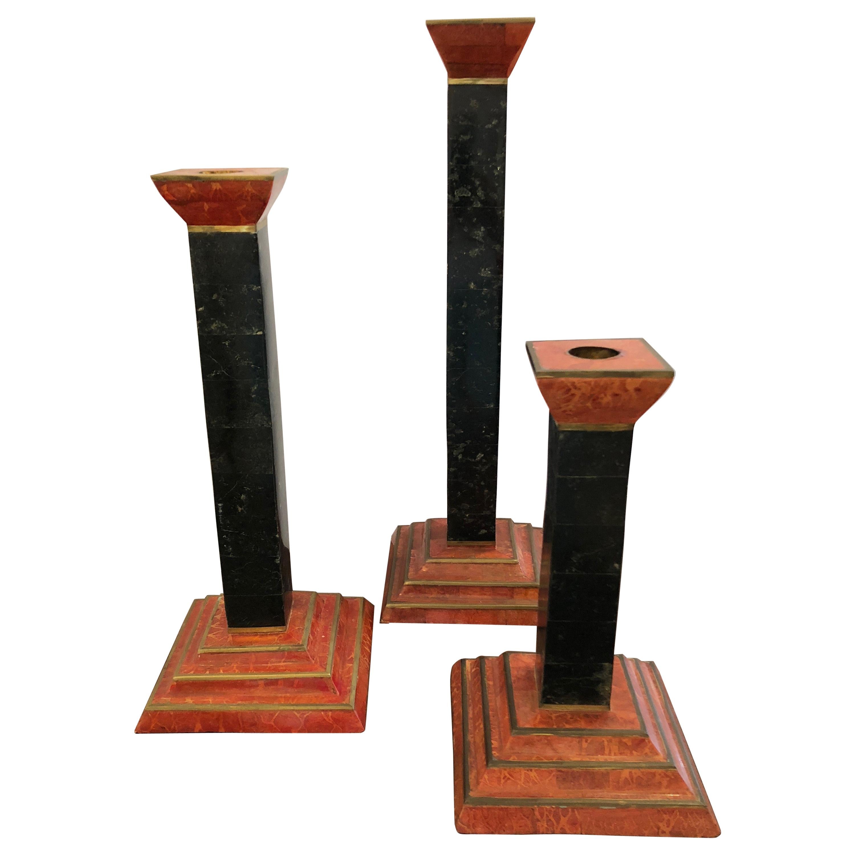 Eye-Catching Trio of Mid-Century Modern Marble and Brass Candlesticks For Sale