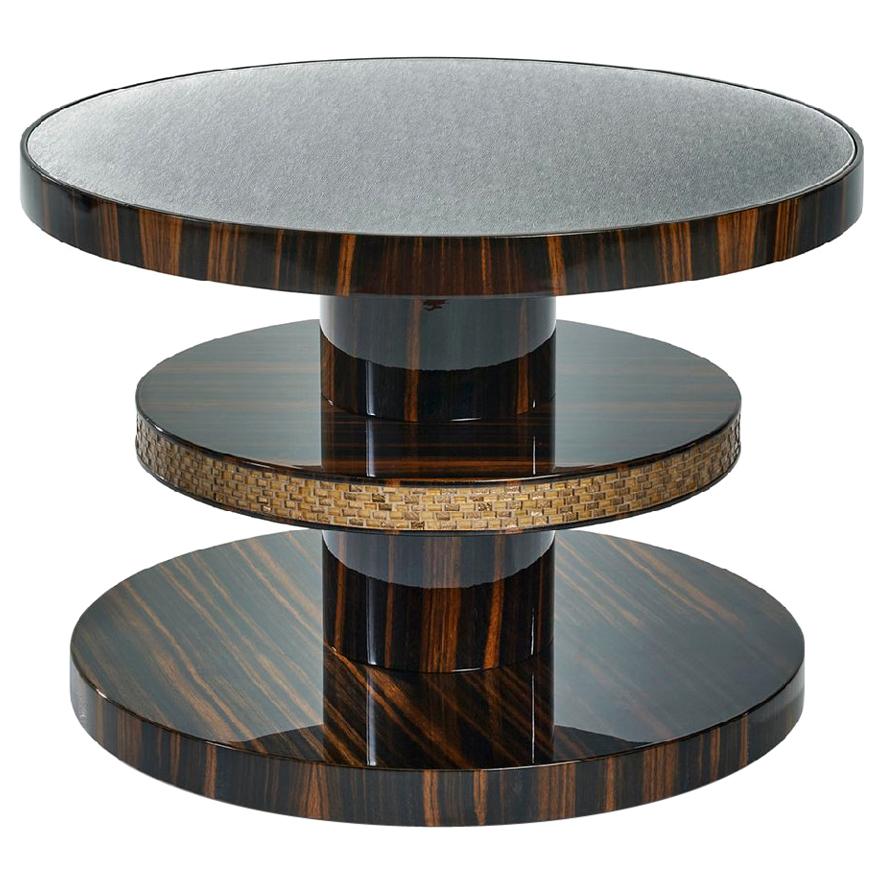 Side Table Polished Ebony Finish Decorative Insert in Mosaic Top in Vetrite