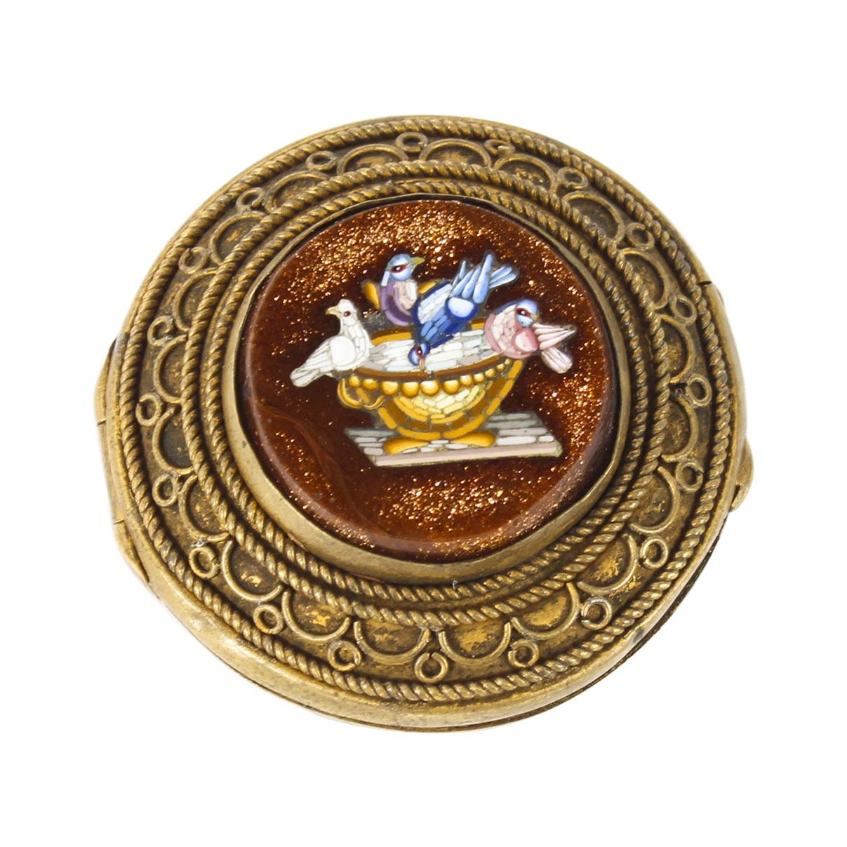 Antique Italianate Micromosaic Round Ormolu Pill Box the Pliny's Doves