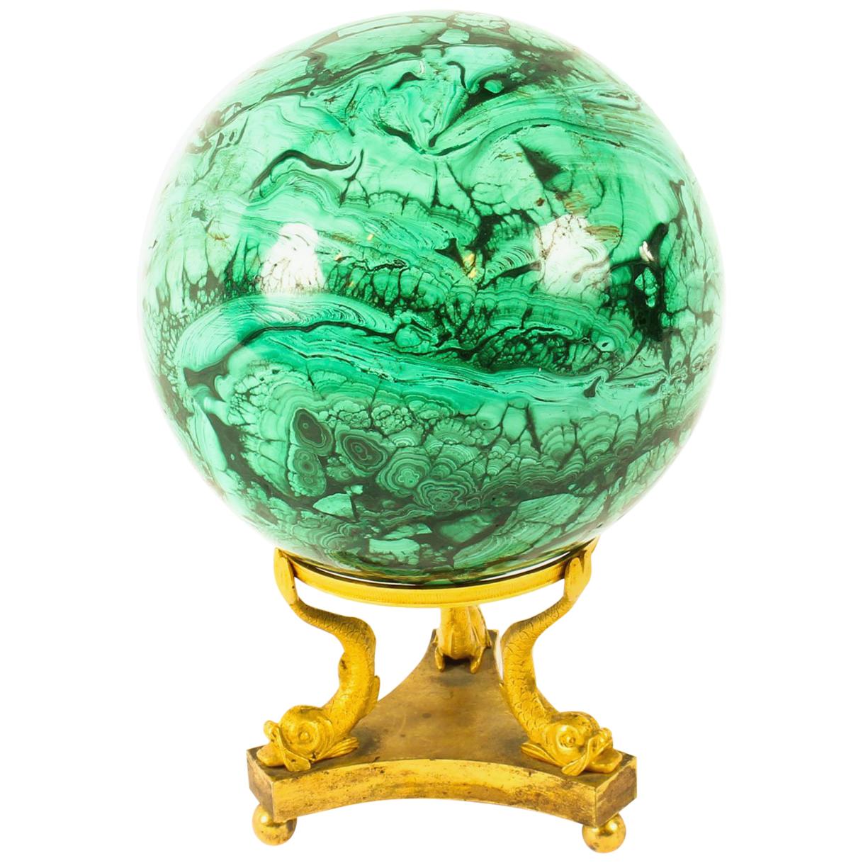 Antique Large Polished Malachite and Ormolu Sphere, 19th Century