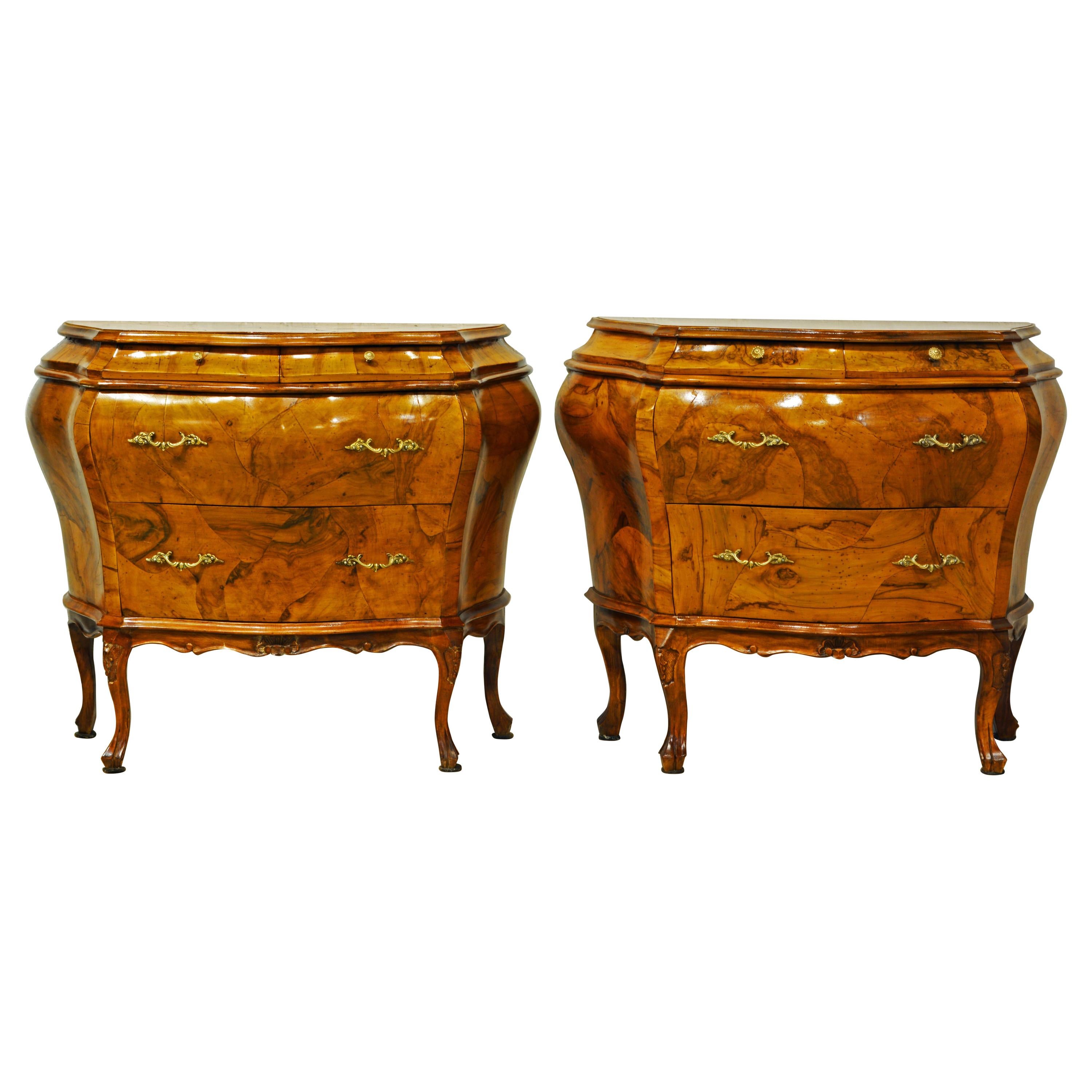 Pair of Charming Italian Rococo Style Carved Olive Wood Bombe Commodes