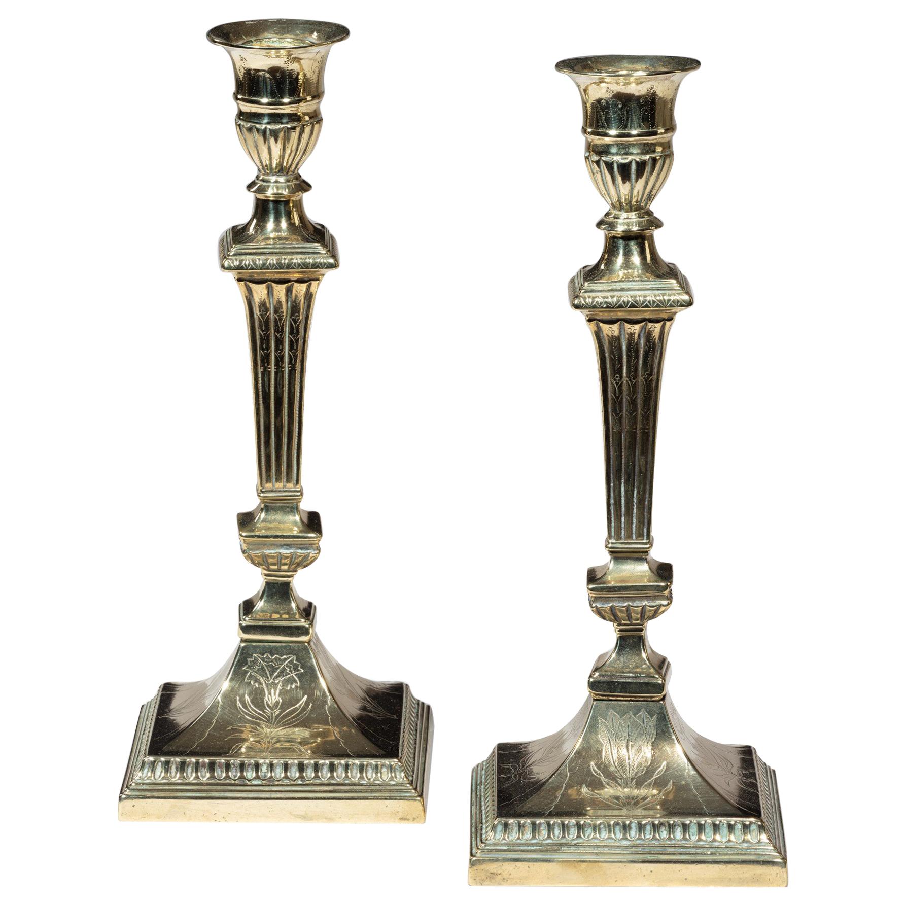 Pair of Irish Georgian Engraved Brass Candlesticks