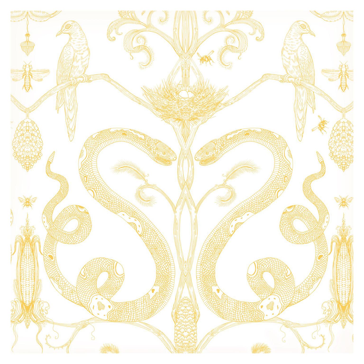 Snake Party in Gold on White-Smooth Wallpaper with Hand Drawn Animals For Sale