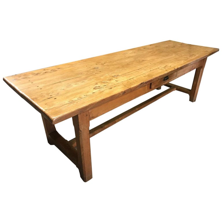 Large Pale Elm Farmhouse Table with Drawer For Sale at 1stdibs