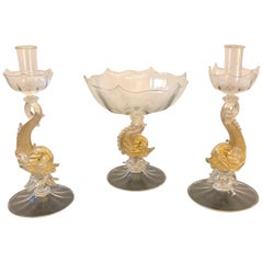 Mid-Century Modern Murano Glass Centerpiece and Candlesticks, circa 1940