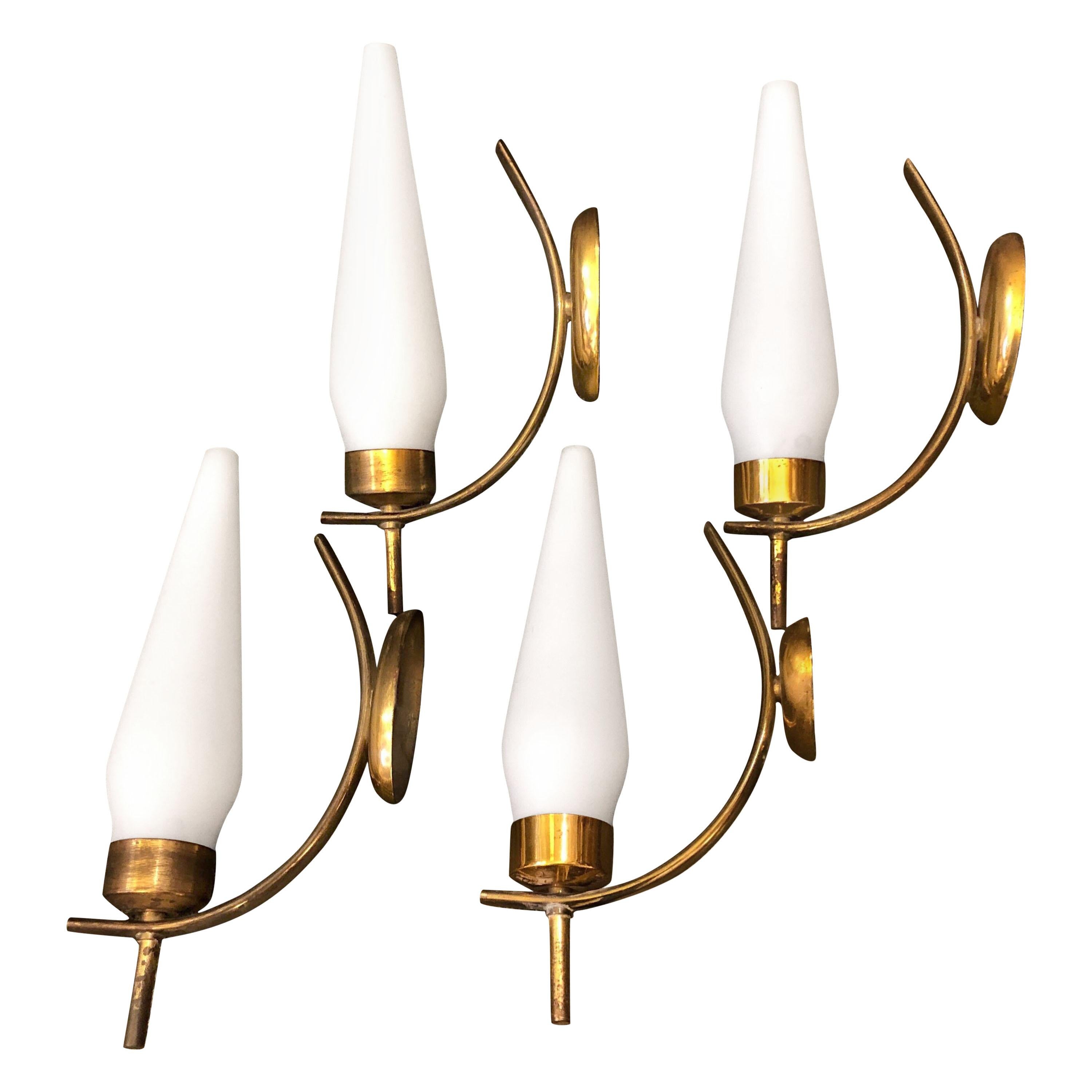 Mid-Century Modern Set of Four Brass and Glass Italian Wall Sconces, circa 1950