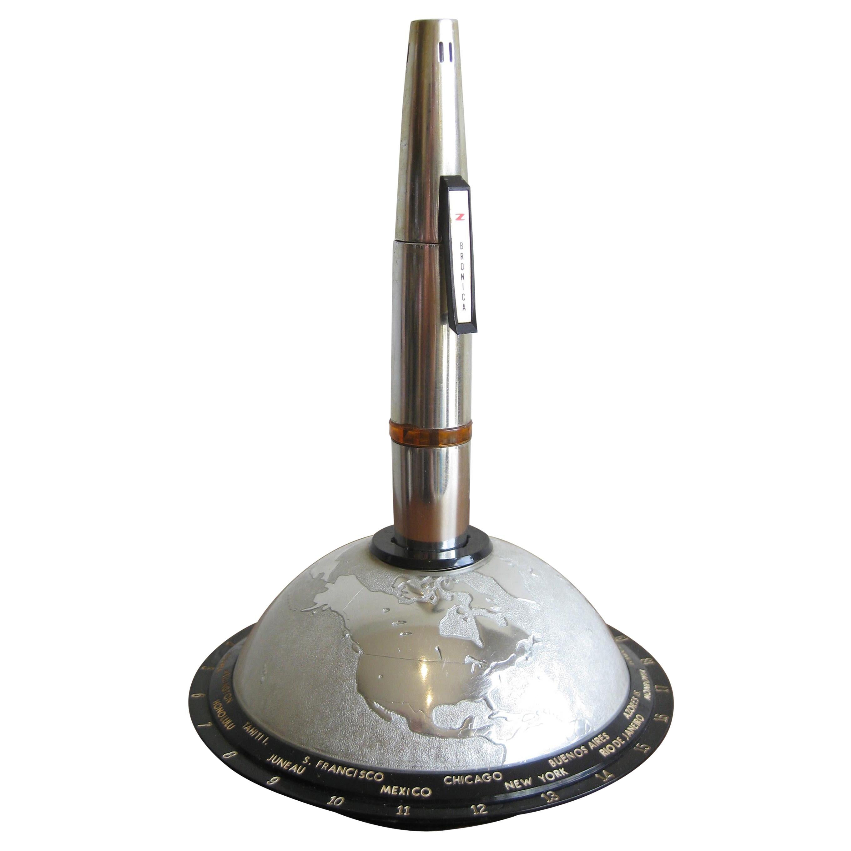 1960s Space Age Zenza Bronica Rocket Ship Globe Figural Desk Table Lighter