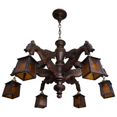 Hand Carved Chandelier in Medieval Gothic Style, Six Dragons Holding Lanterns