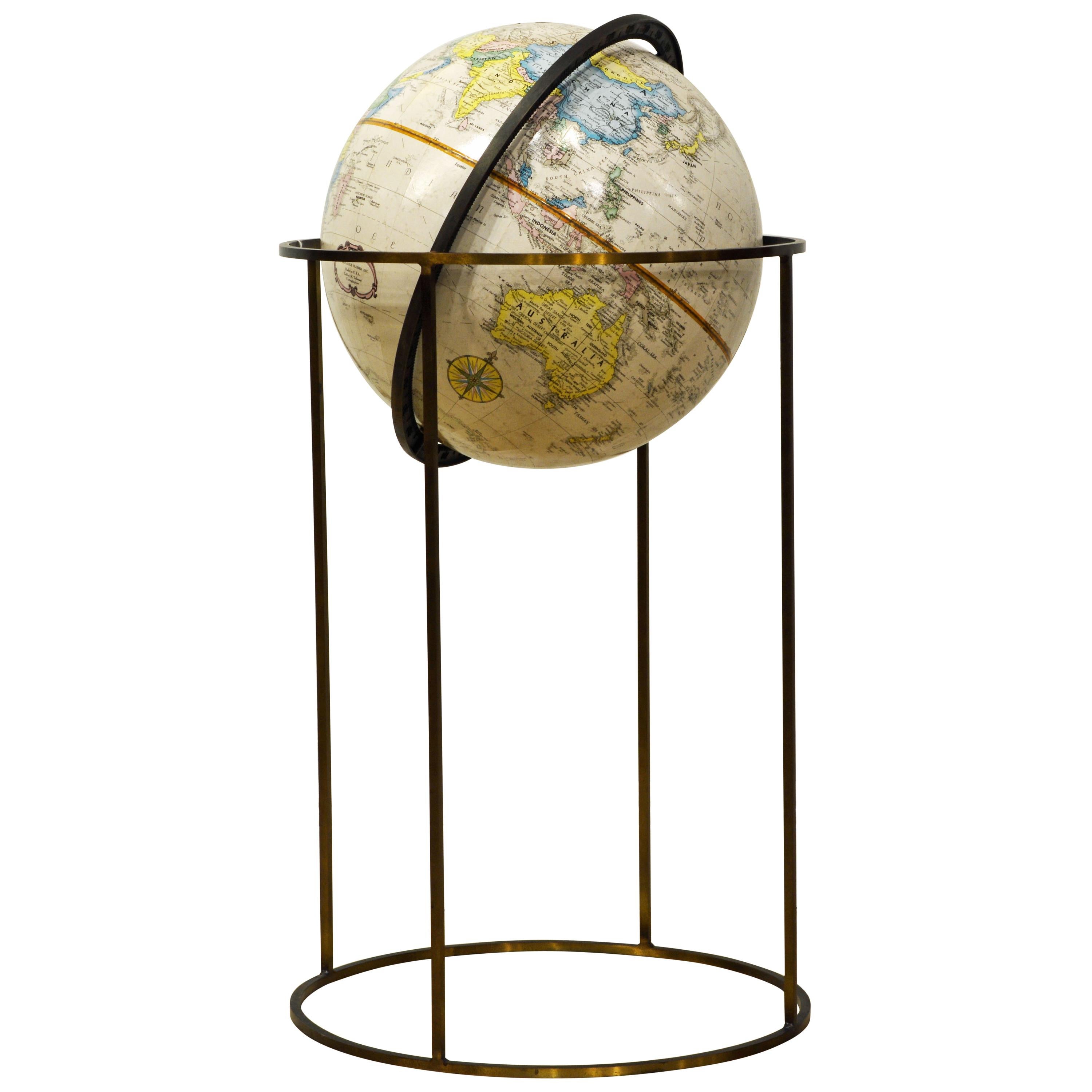 Minimalist Paul McCobb Style Replogle Terrestrial Globe on Brass Stand