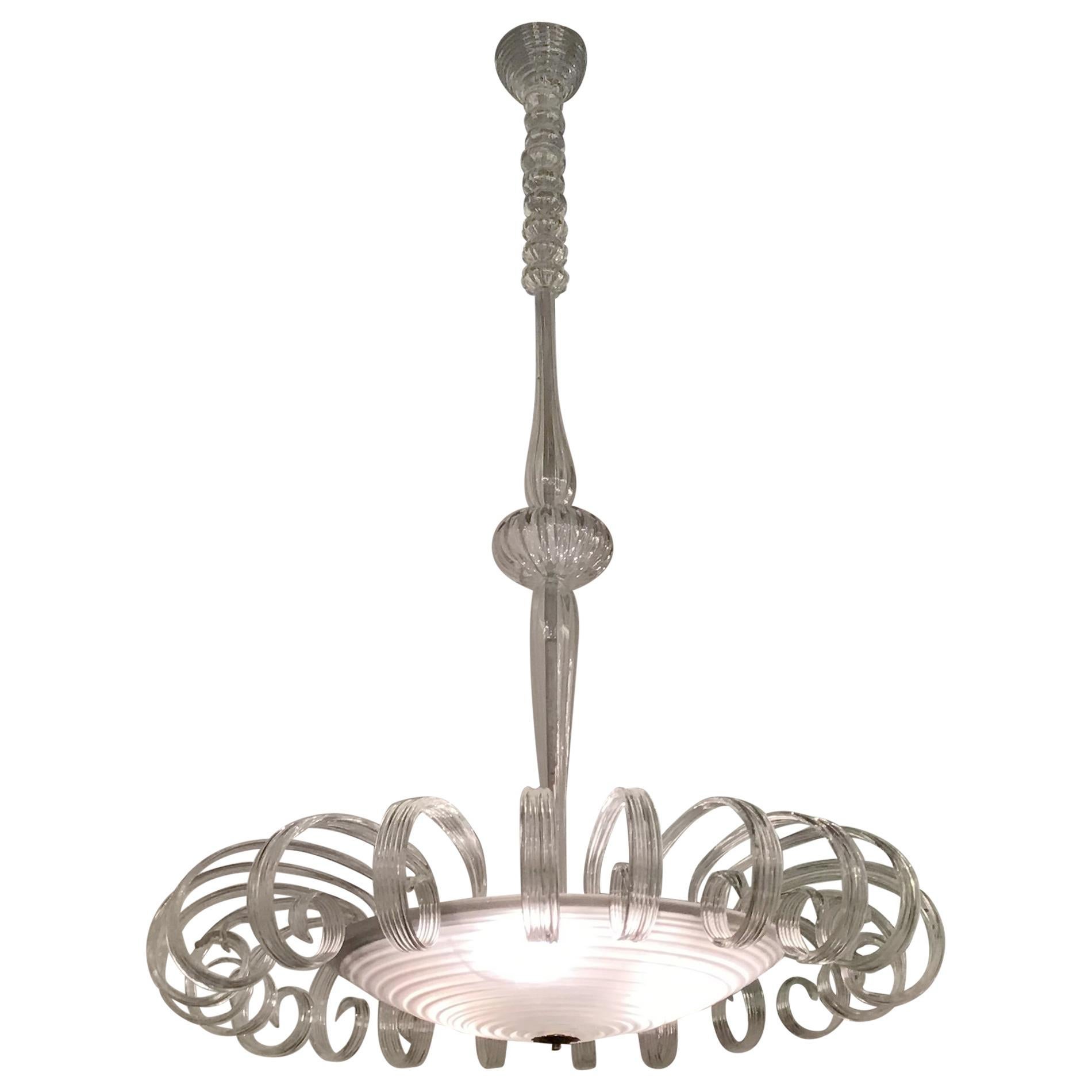 Venini Chandelier Murano Glass 1930 Iron Structure and Wood Italia For Sale