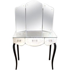 Vintage French Art Deco Mirrored Vanity with Tri-Fold Mirror and Ebonized Cabriole Legs