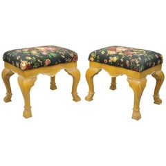 Vintage Pair of Country French Style Cabriole Leg Hoof Foot Upholstered Stools Benches