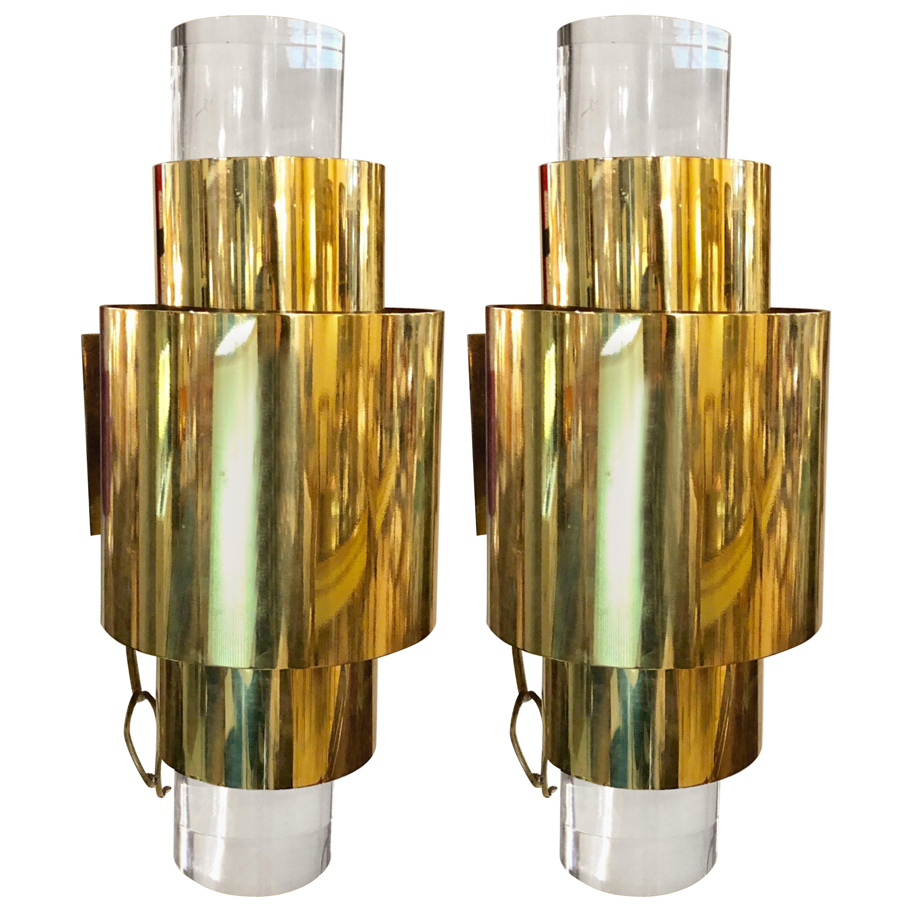 Pair of Mid-Century Modern Brass and Lucite Wall Sconces