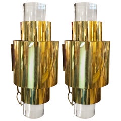 Pair of Mid-Century Modern Brass and Lucite Wall Sconces