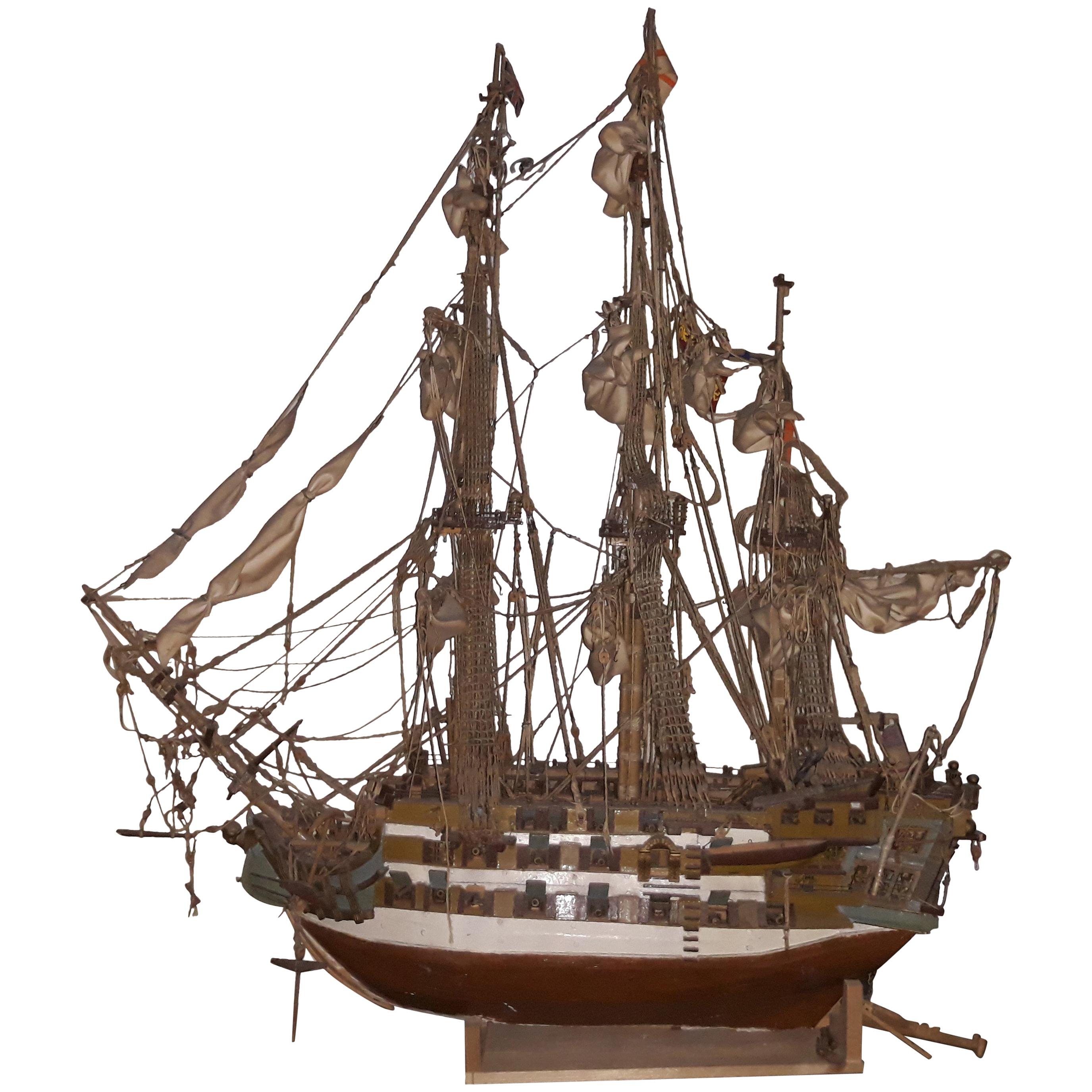 20th Century Model of English Battleship Galleon "H.M.S." from the 18th Century For Sale