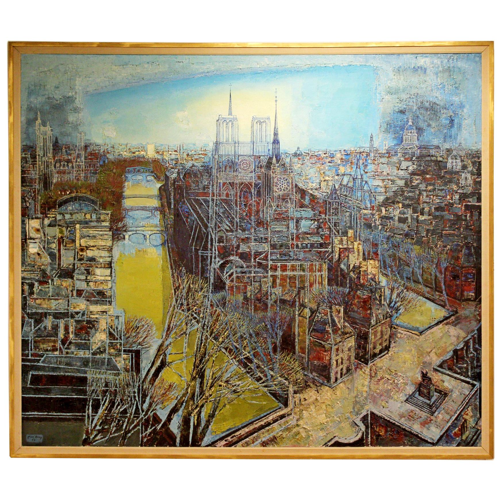 Framed Original Oil Sgraffito Painting Paris Notre Dame by Edouard Mac Avoy 1963