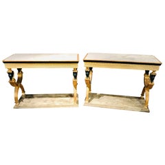 Pair of Swedish Paint and Parcel Gilt Carved Lion Head Console or Serving Tables