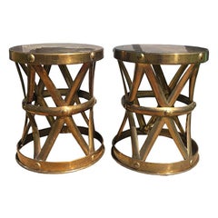 Midcentury Hollywood Regency Polished Gold Brass X-Stools Side Table a Pair 1950