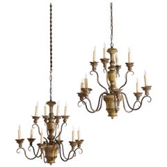 Italian Turned and Painted Wooden 10-Light Chandeliers, Early 18th Century, Pair