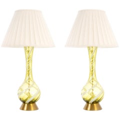 Pair of Murano Midcentury Swirl Glass and Brass Table Lamps