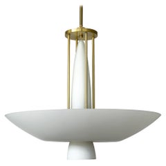 Lightolier Brass and White Glass Art Deco Style Chandelier
