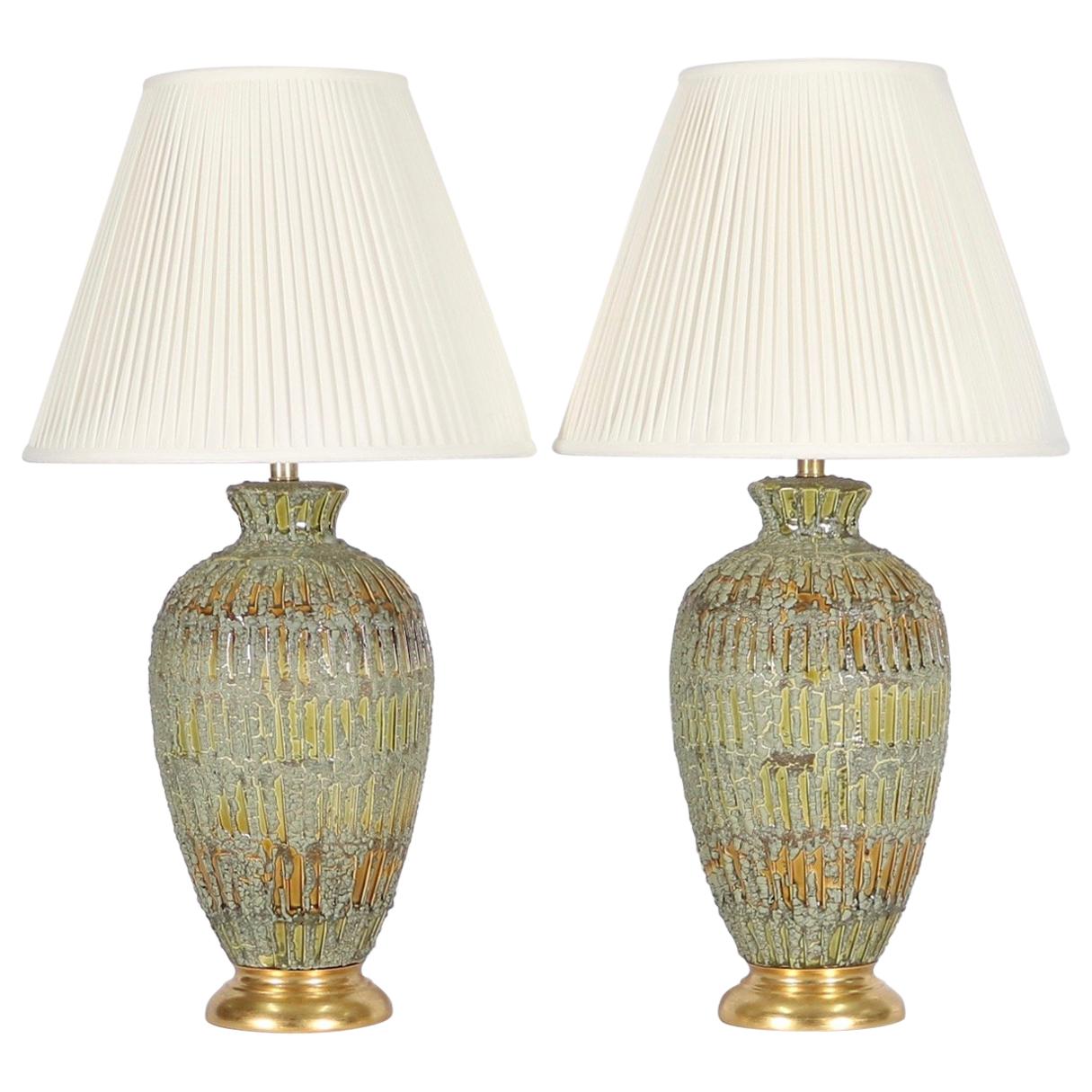 Italian Hollywood Regency Lamps Lava Glazed in Green and Gold Tones