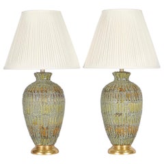 Italian Hollywood Regency Lamps Lava Glazed in Green and Gold Tones