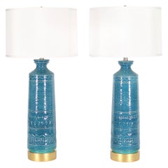 Italian Hollywood Regency Bittossi Style Lamps in Blue & Aqua Glazed Ceramic