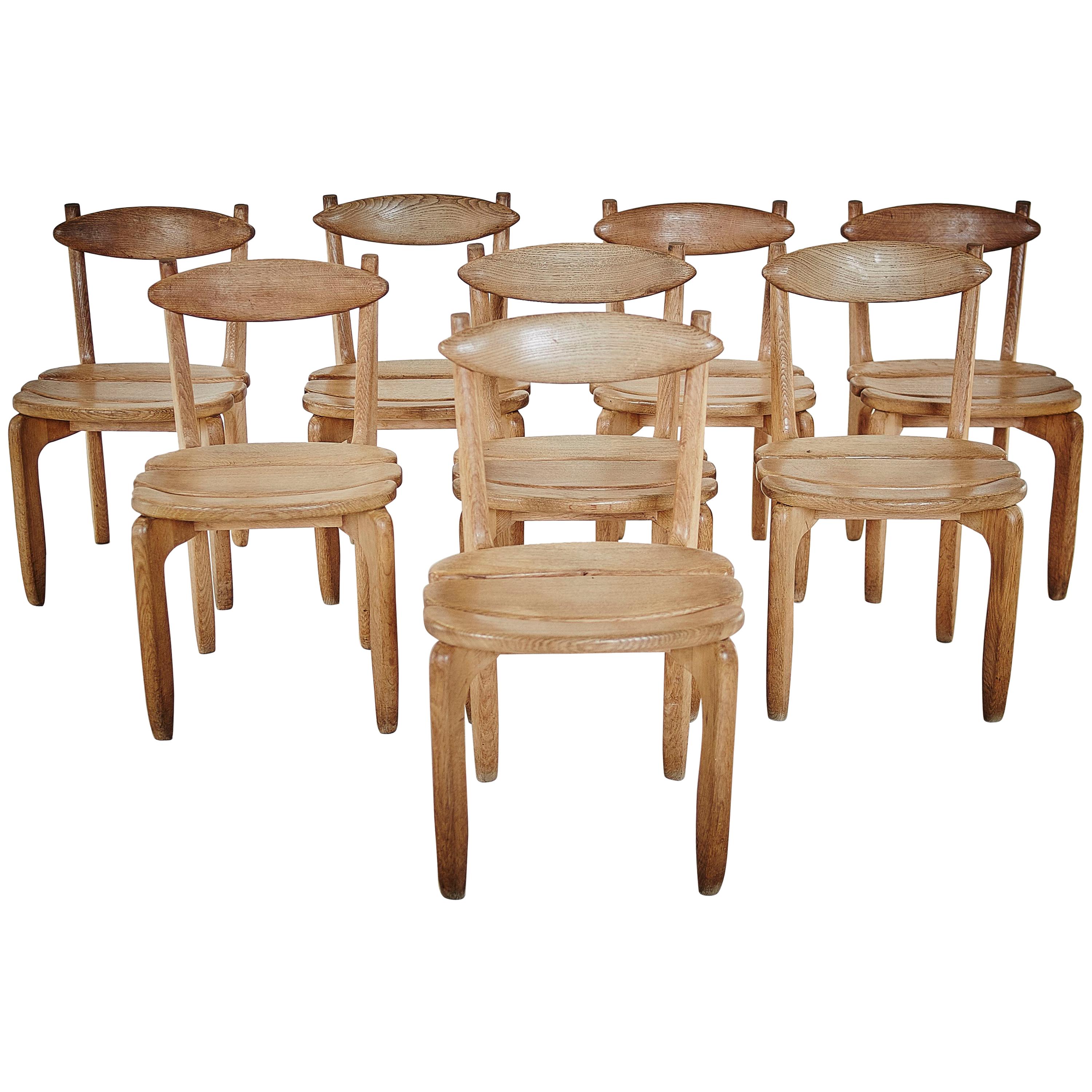 Guillerme and Chambron Midcentury Solid Oak Chairs for Votre Maison, France 1960