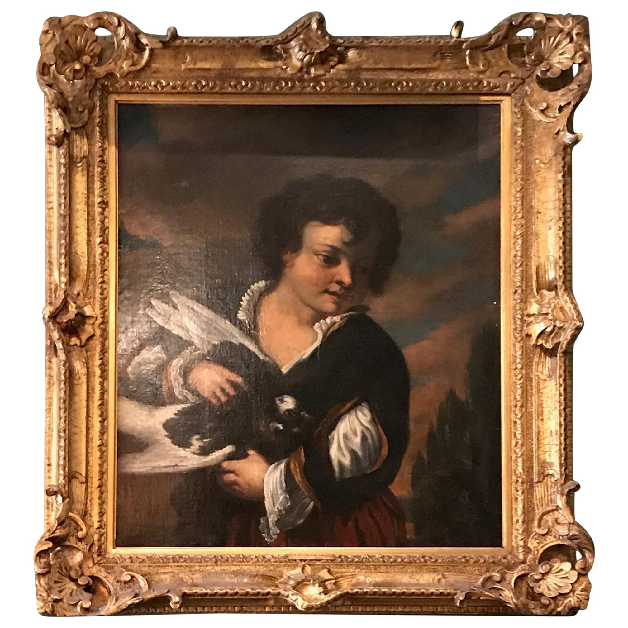 Neapolitanische Schule, Gemälde, Öl auf Leinwand, Junge und Vogel, Wandkunst, LA Gallery, 17. Jahrhundert im Angebot