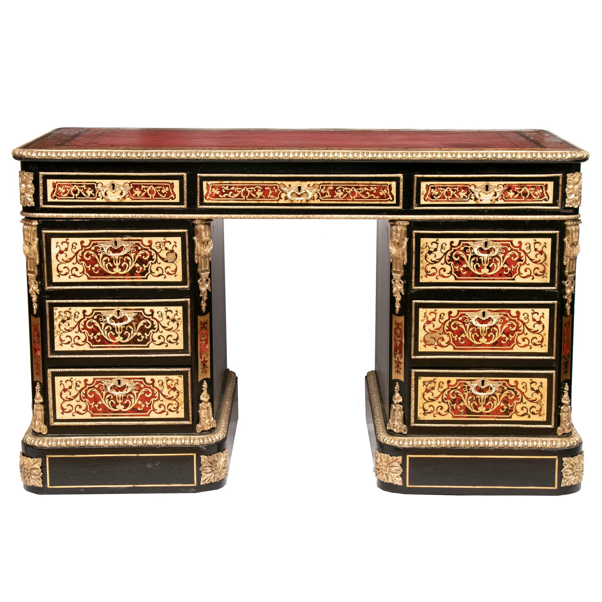 19th Century Boulle Work Twin Pedestal Desk For Sale