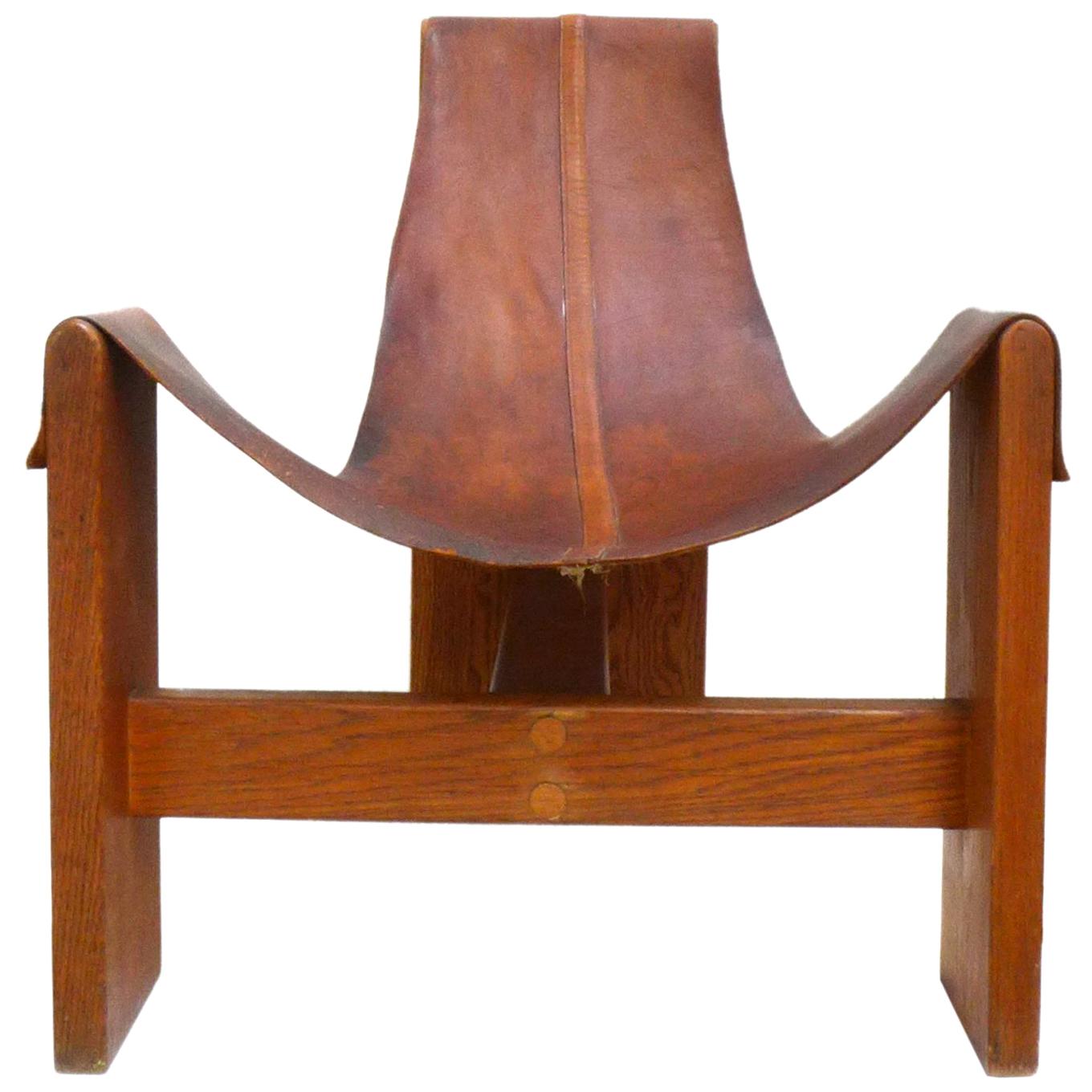 Vintage Leather, Wood and Brass Sling Chair For Sale
