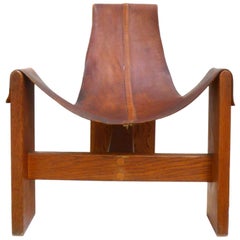Vintage Leather, Wood and Brass Sling Chair