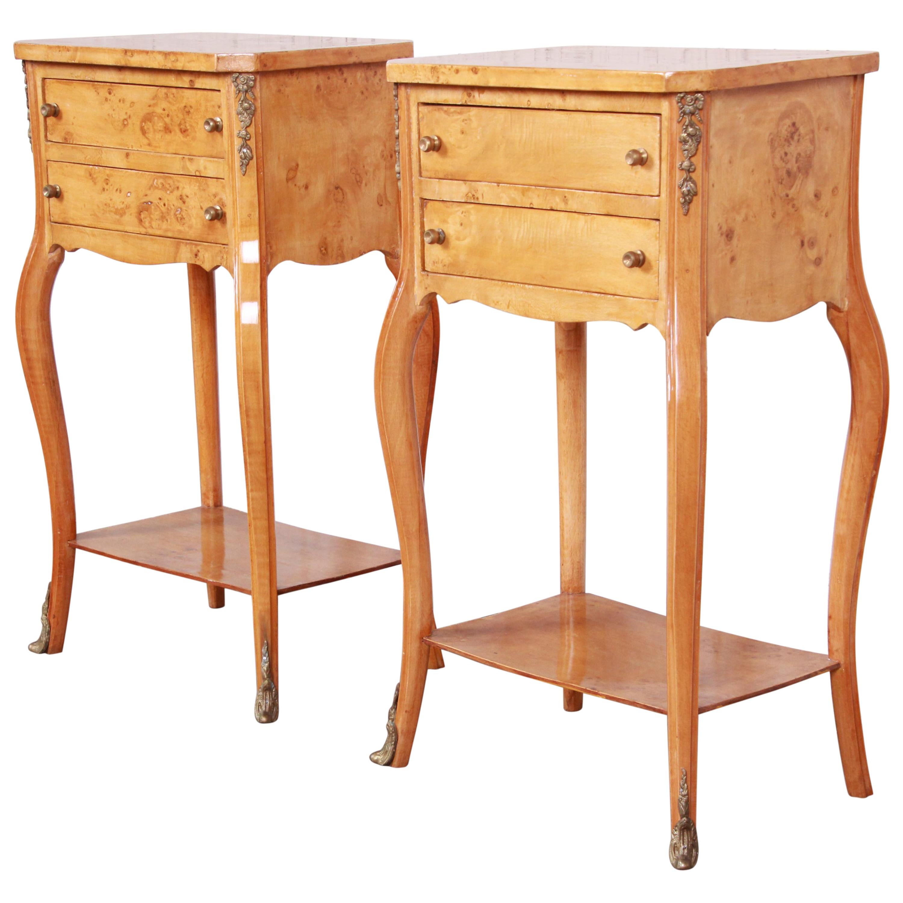 French Louis XV Style Burl Wood Nightstands, Pair