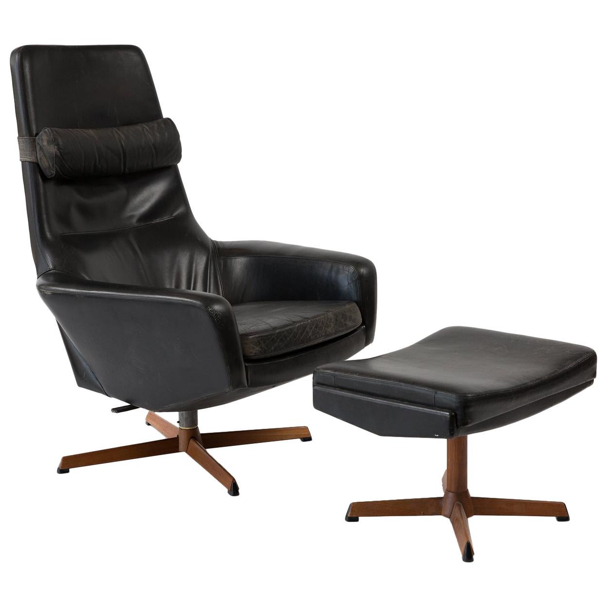 Kofod Larsen Leather Teak Lounge Chair and Ottoman