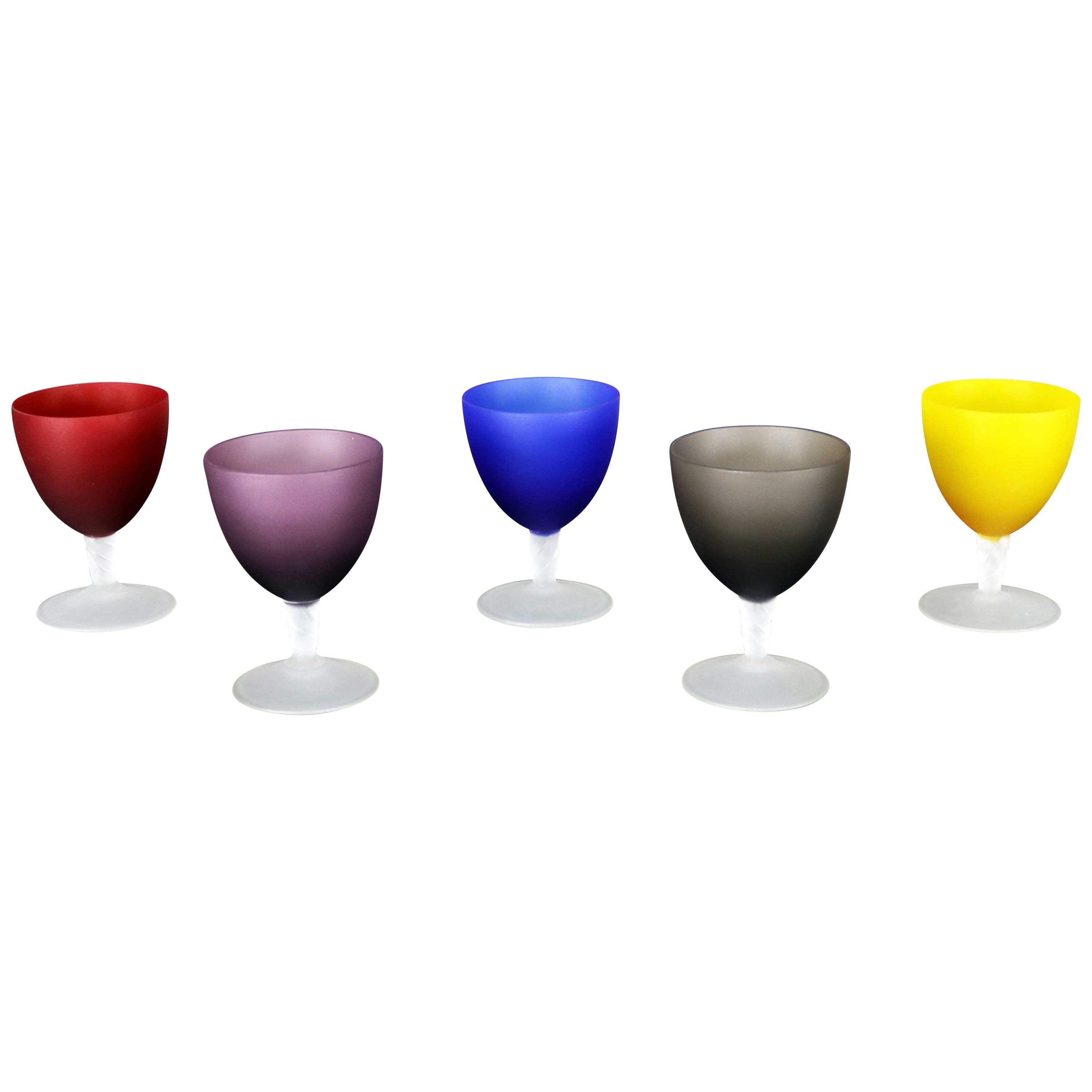 Set of 5 Small Multicolored Frosted Glass Wine Coupes or Cordial Glasses