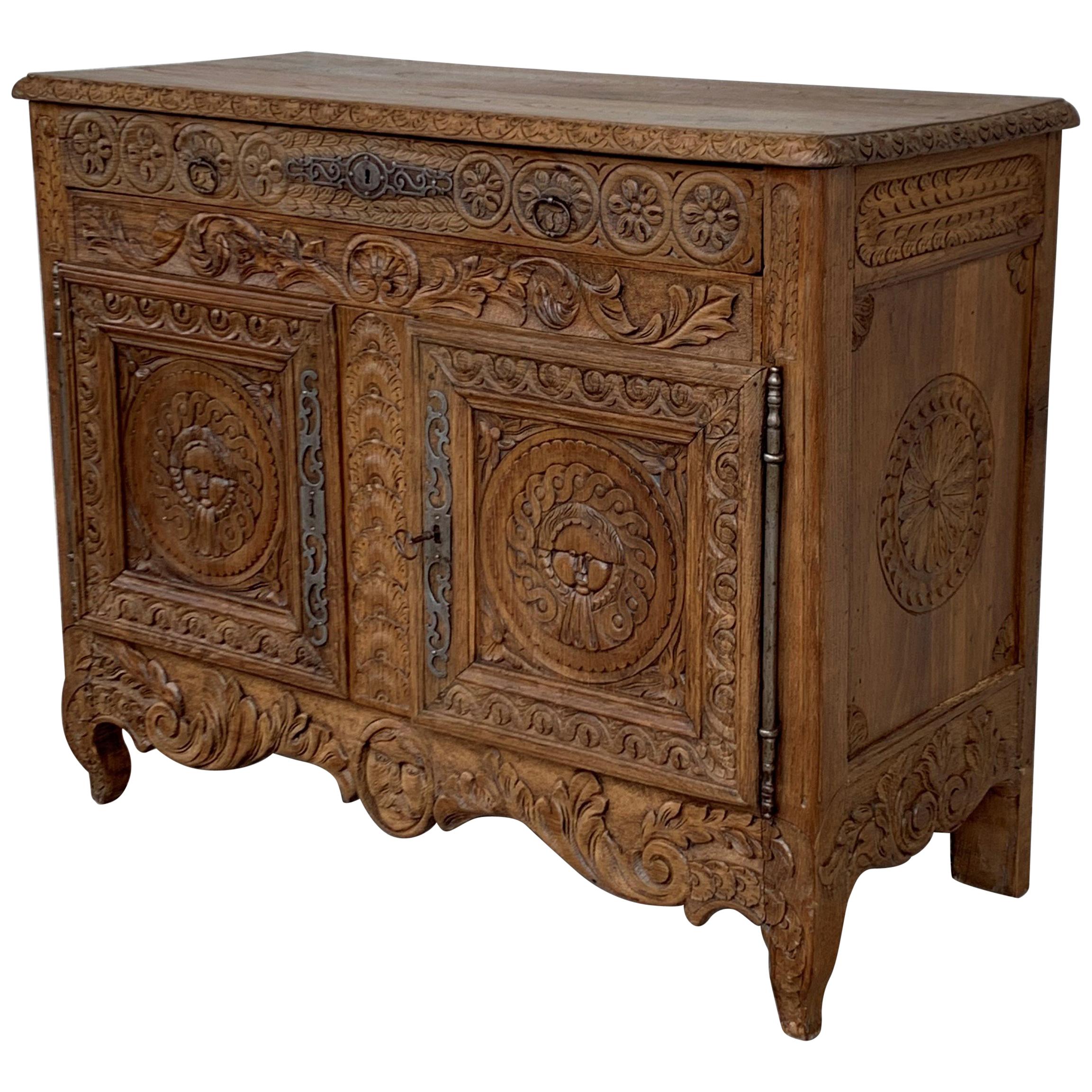 Catalan Spanish Hand Carved Baroque Oak Cabinet with Two Drawers and Two Doors