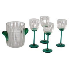 Vintage Icet Arte Murano Clear and Green Wine Glasses with Wine Cooler, Set of 5