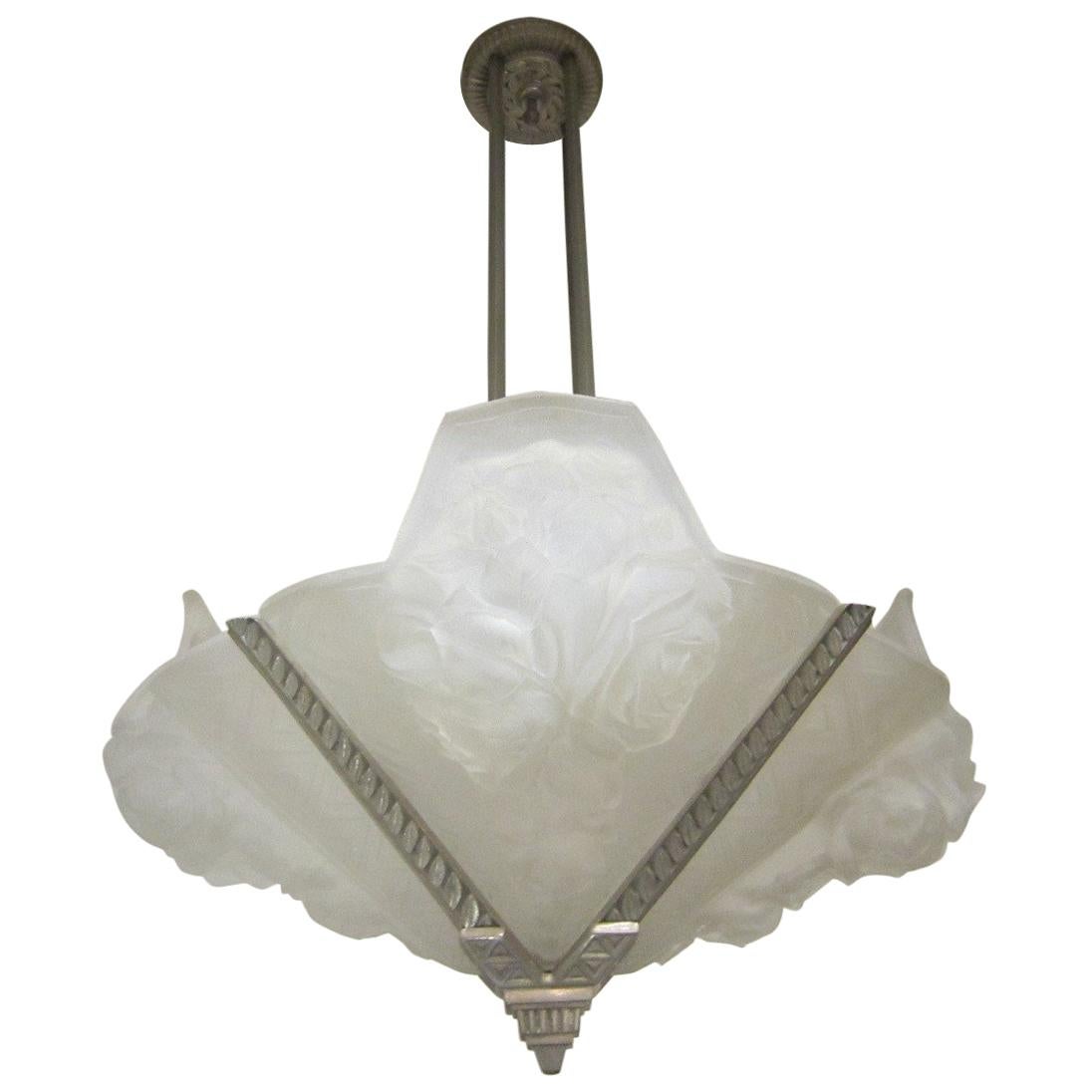 French Art Deco Frosted Art Glass Chandelier with Roses, Signed Verdun, France