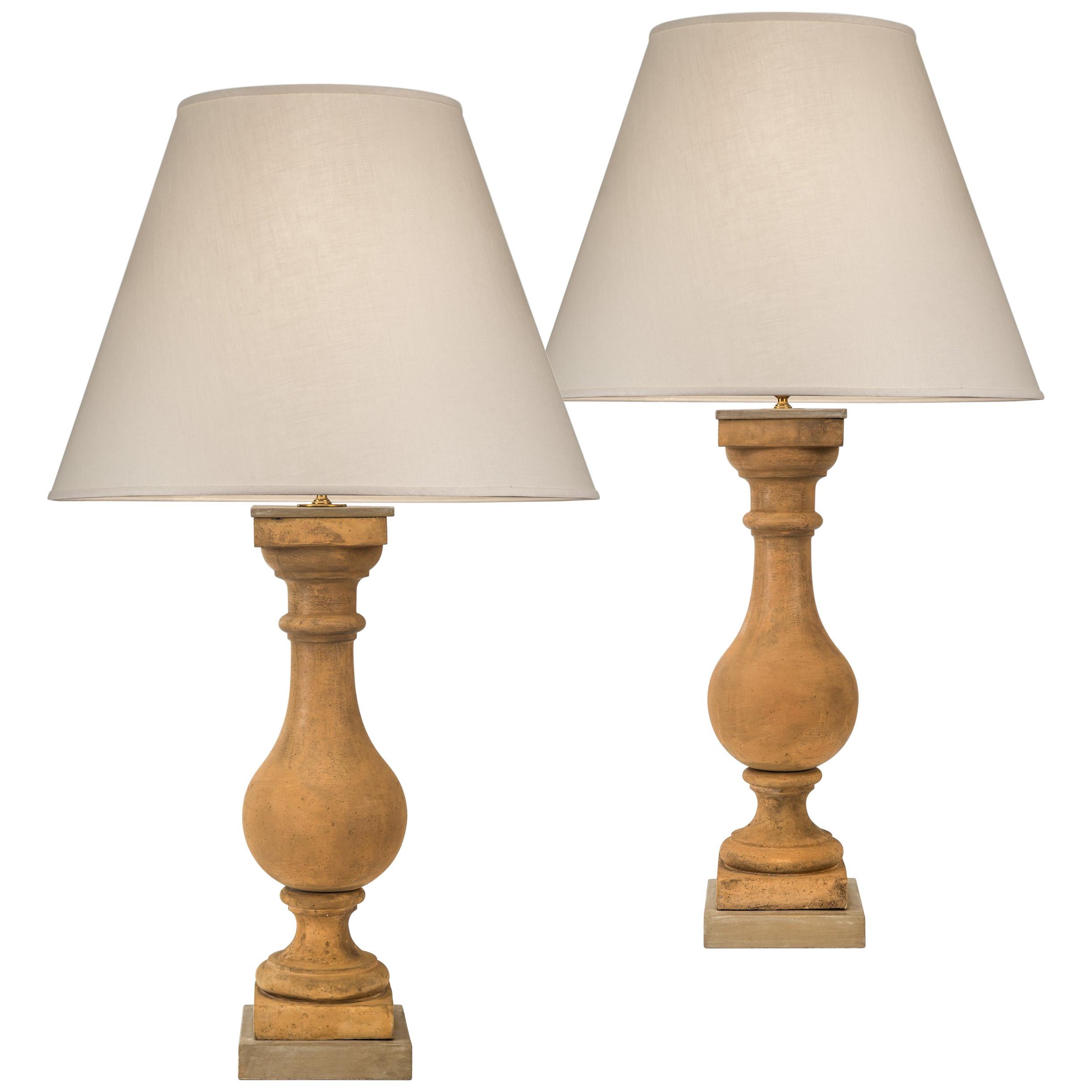 Pair of Tall French Neoclassical Terracotta Baluster Lamps For Sale