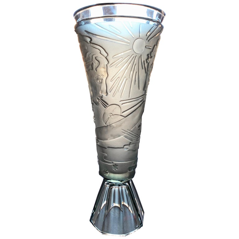 "Modern Flight, " Cast Glass, Art Deco Vase with Airplane, Wind Gods