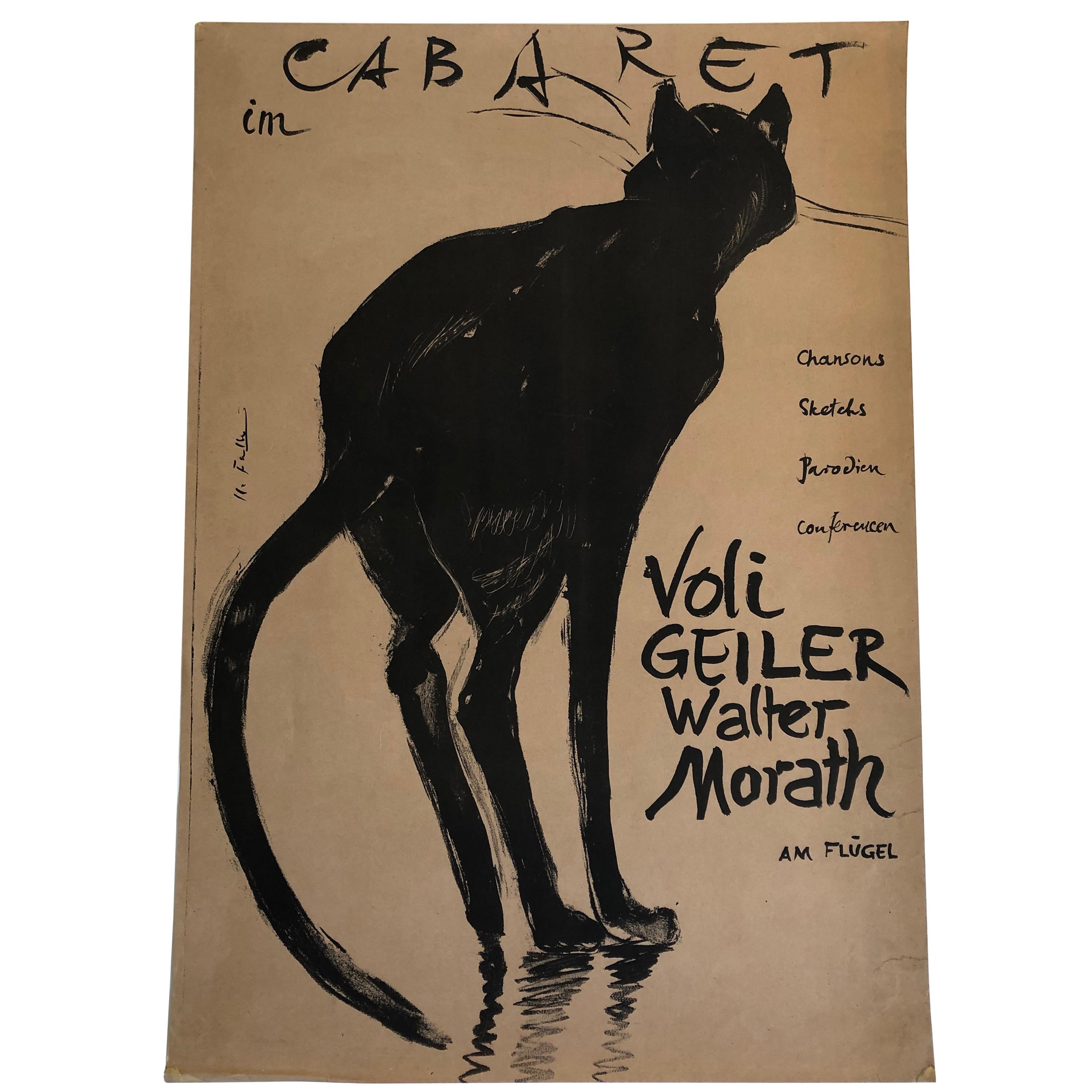 Mid-Century Modern Original Swiss Black Cat Cabaret Poster, circa 1949