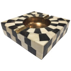 White and Black Bone Inlaid Ashtray with Brass Accent