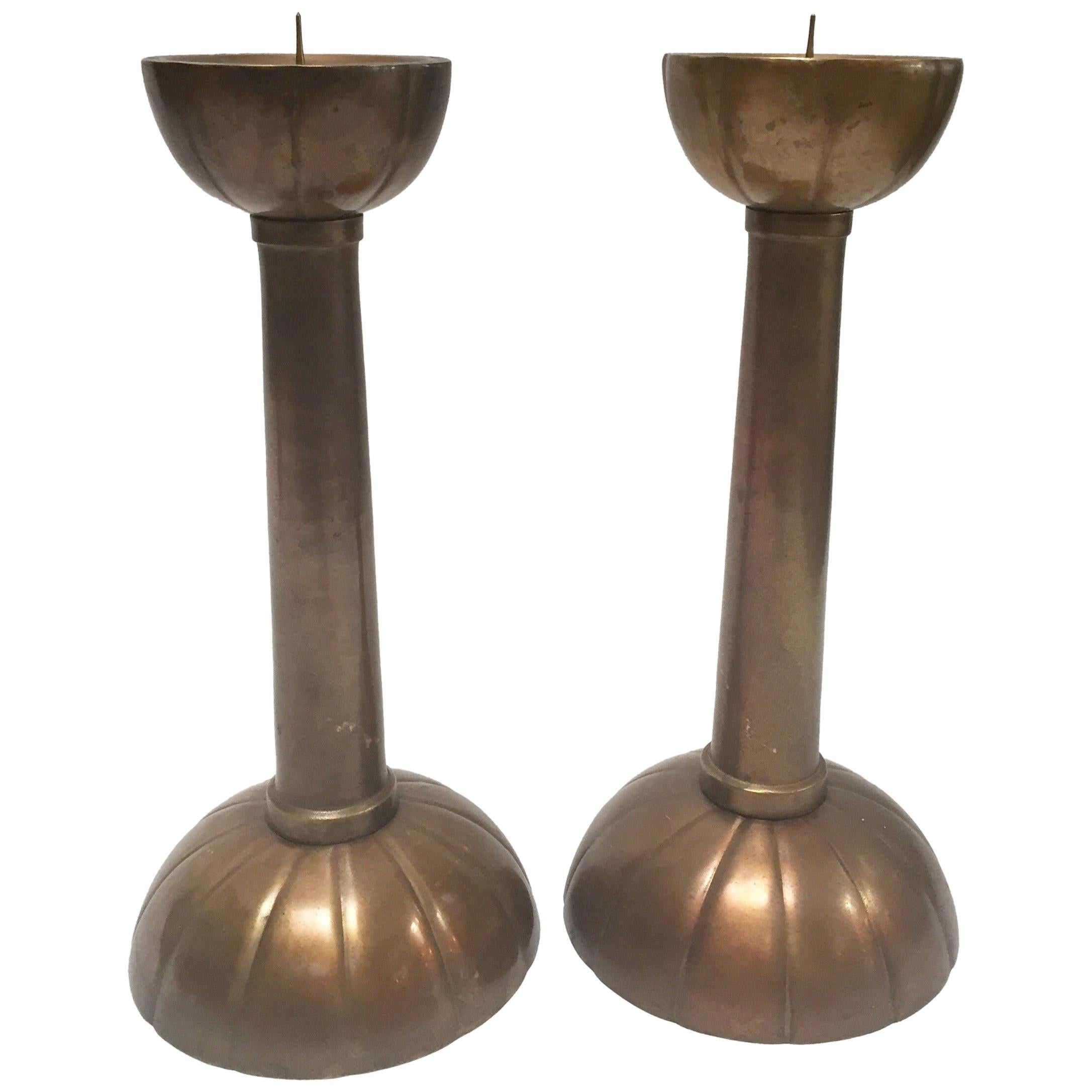 Pair of Large Brass Japanese Candlesticks on a Round Scalloped Base and Top