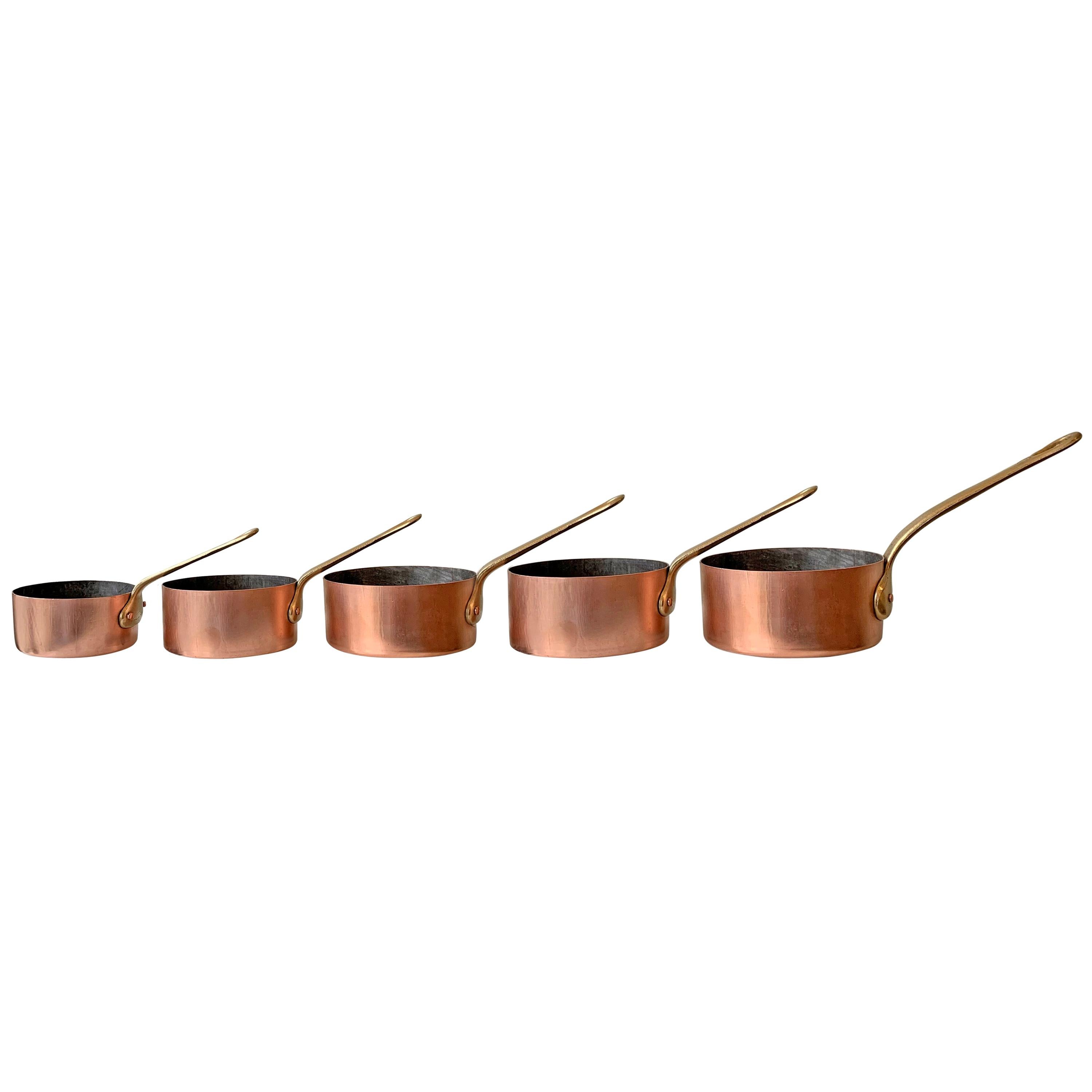 Set of Five French Miniature Copper Saucepans