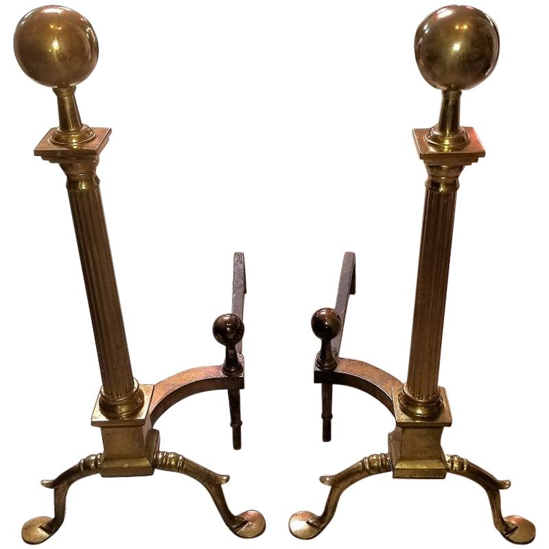 Pair of Philadelphia Brass Andirons with Roman Columns and Ball Finials For Sale
